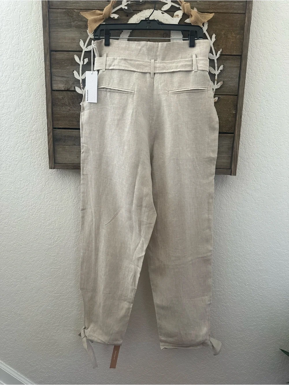 Reformation Norman Pant High-Waist Tie Belt Linen Pants Neutral Beige size 12